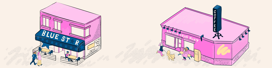 Cheerful illustrations of Luke’s Drug Mart and Bluestar Diner, with people milling about and enjoying their treats, shown from an isometric perspective.