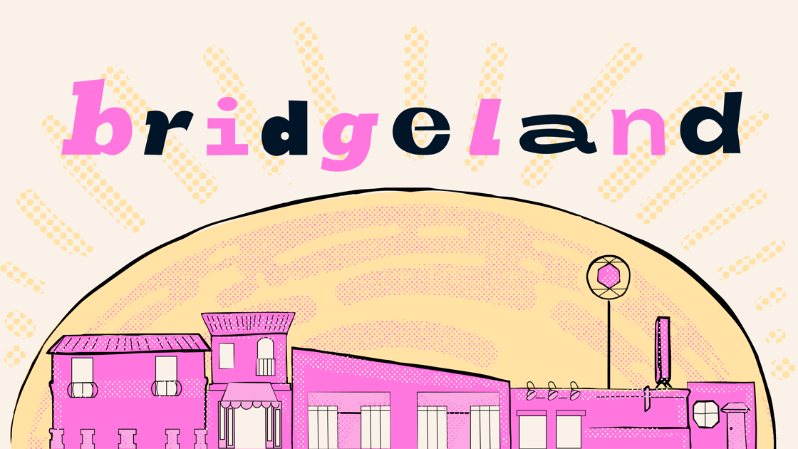 The Bridgeland skyline with the sun rising behind it.