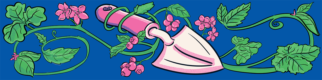 An illustration of a garden trowel intertwined with vines, flowers, leaves and berries