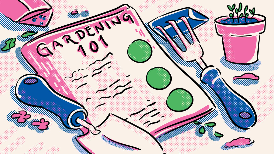 An illustration of a gardening manual titled "Gardening 101" surrounded by a trowel, a cultivator and a potted plant.