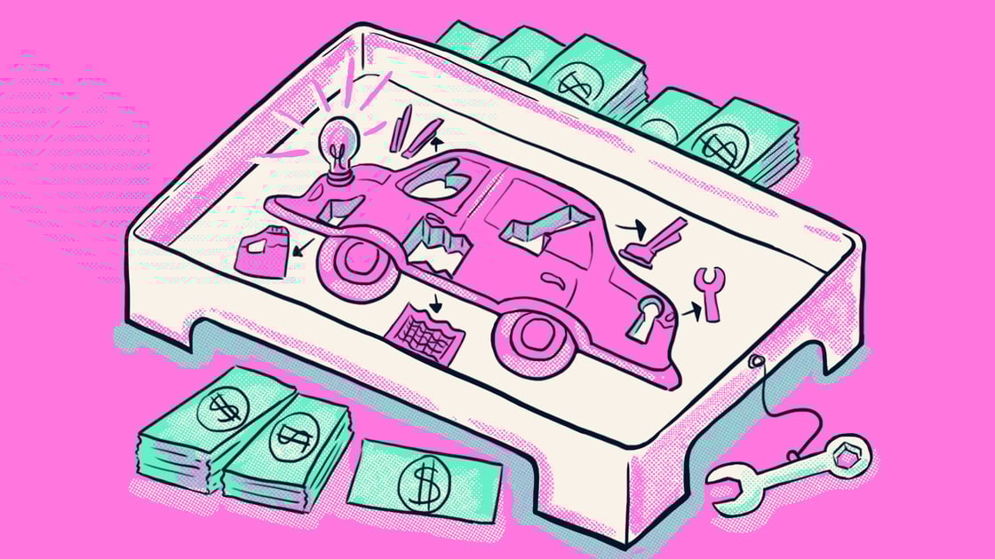 An illustration of a car-themed board game, surrounded by play money.