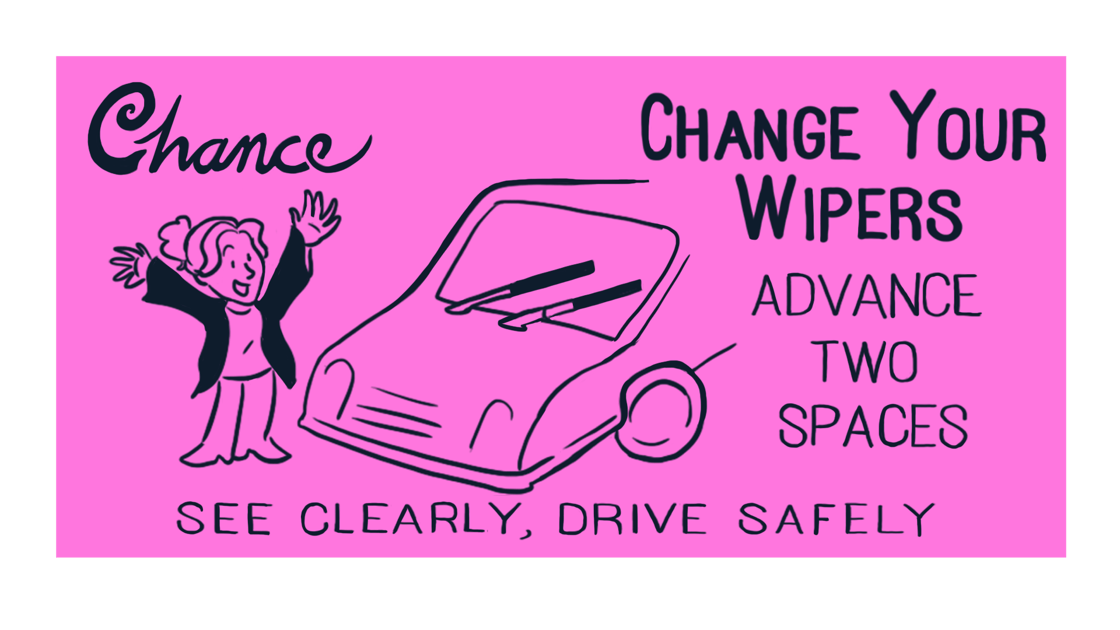 A game card that says "Change Your Wipers, Advance Two Spaces. See Clearly, Drive Safely"