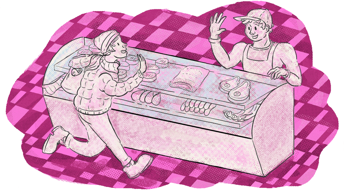 A whimsical illustration of a friendly butcher waving to a customer