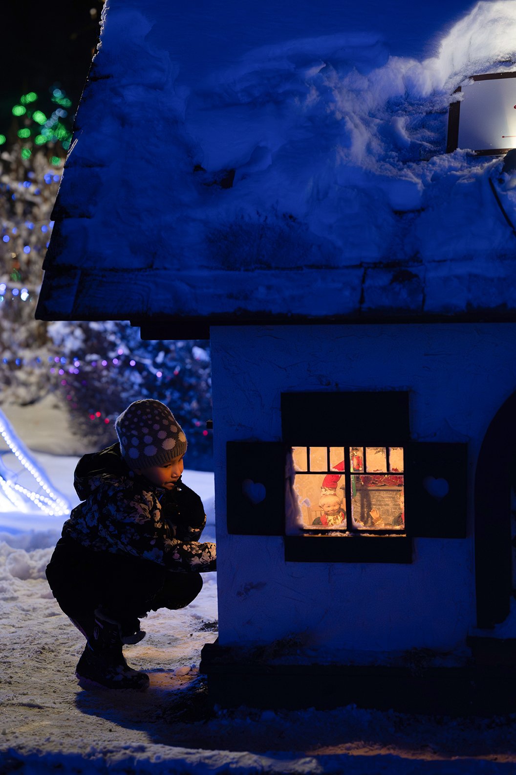 A little boy crouches down to look at the “Santa’s Workshop” display at the Zoolights event at the Wilder Institute/Calgary Zoo.